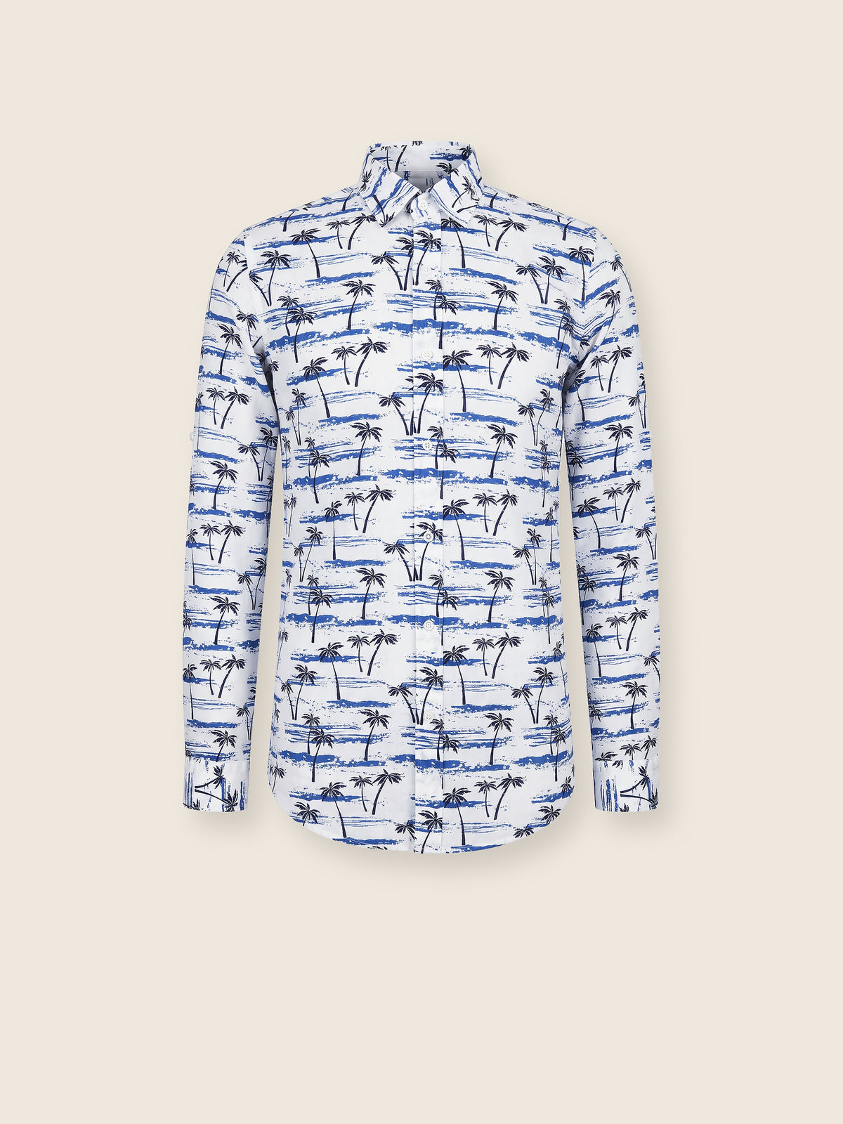 Beyaz Mavi Palmiye ve Sahil Desenli Slim Fit Erkek Gömlek