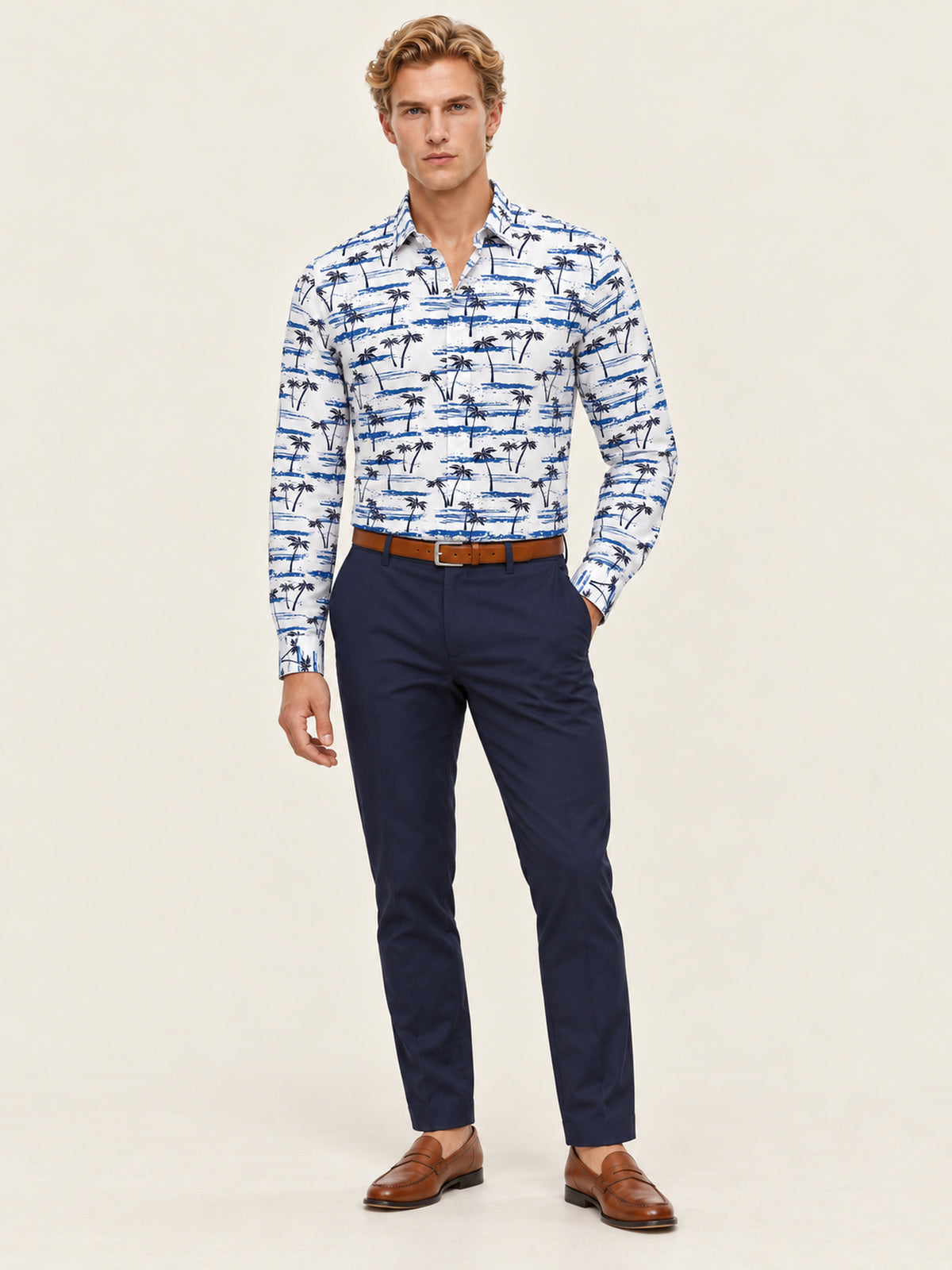 Beyaz Mavi Palmiye ve Sahil Desenli Slim Fit Erkek Gömlek