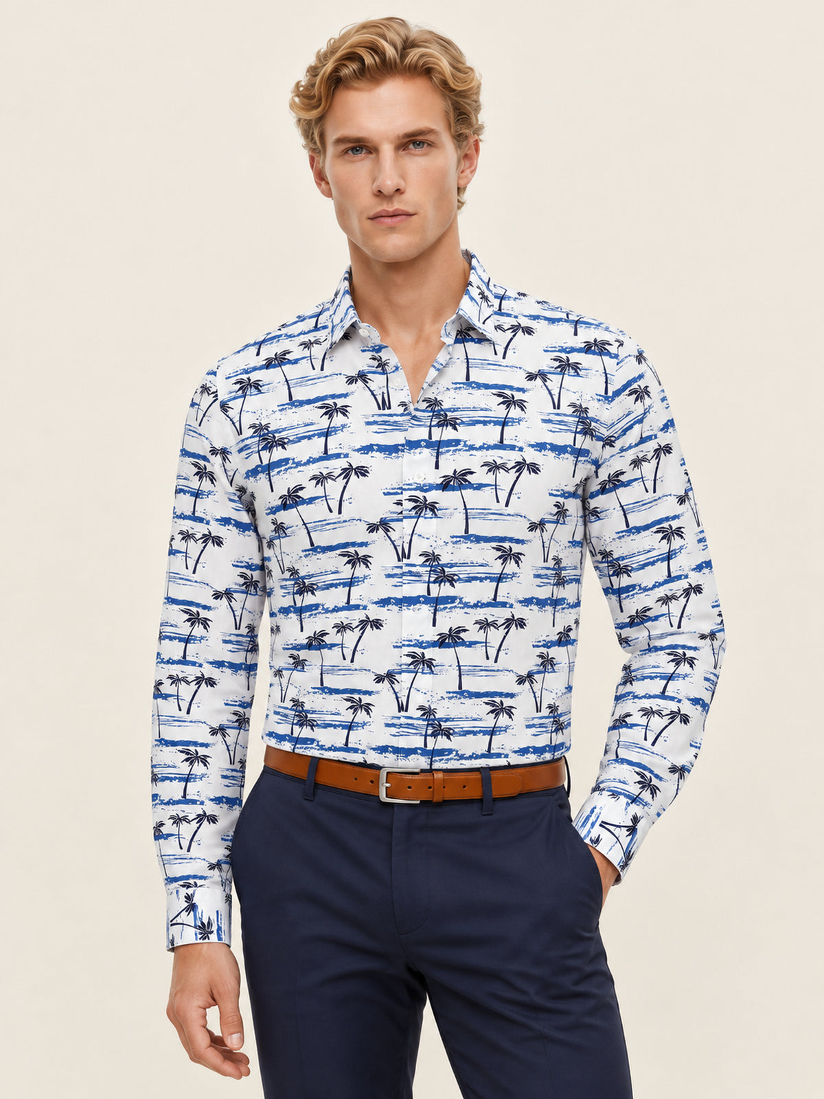 Beyaz Mavi Palmiye ve Sahil Desenli Slim Fit Erkek Gömlek