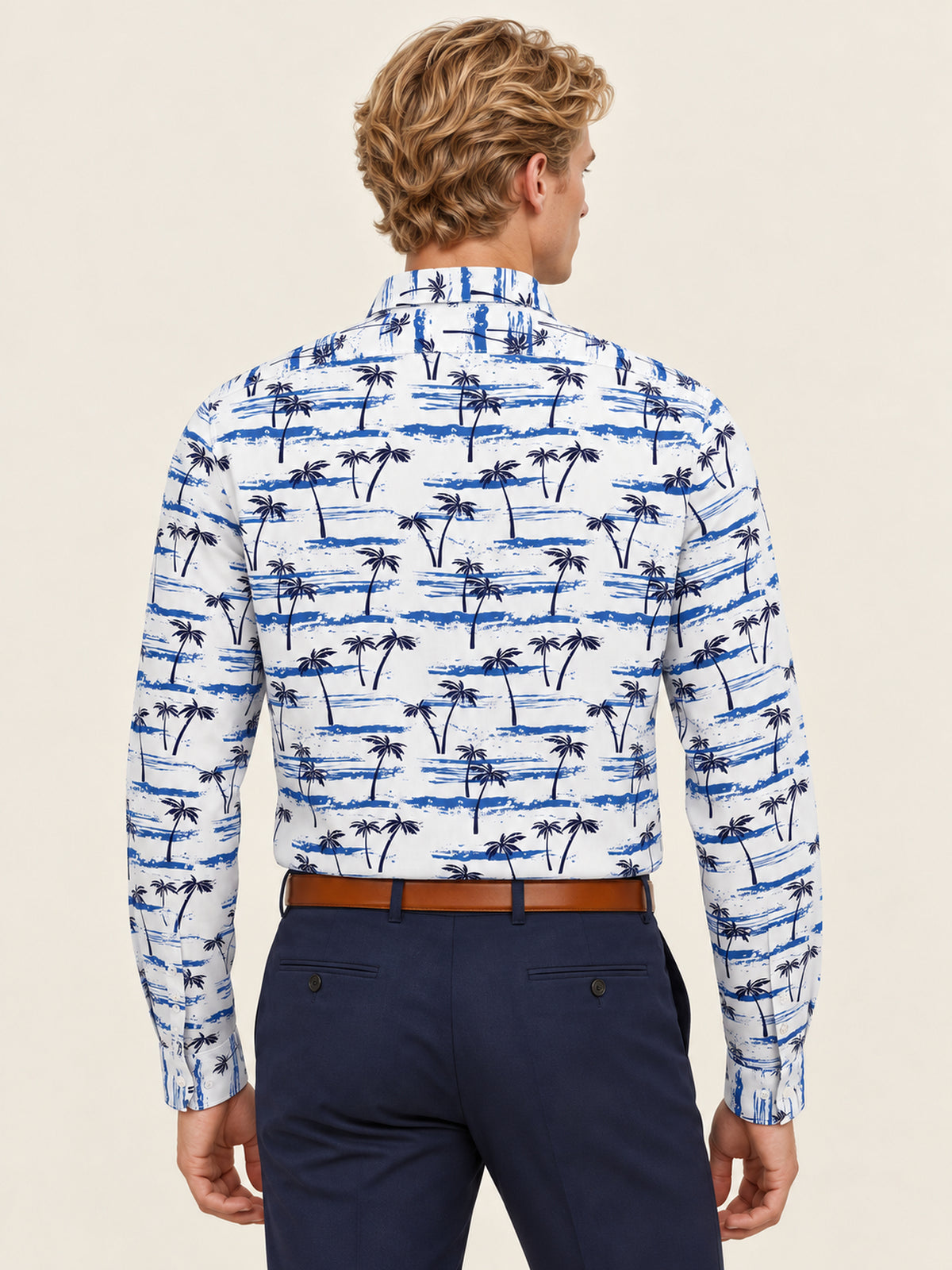 Beyaz Mavi Palmiye ve Sahil Desenli Slim Fit Erkek Gömlek
