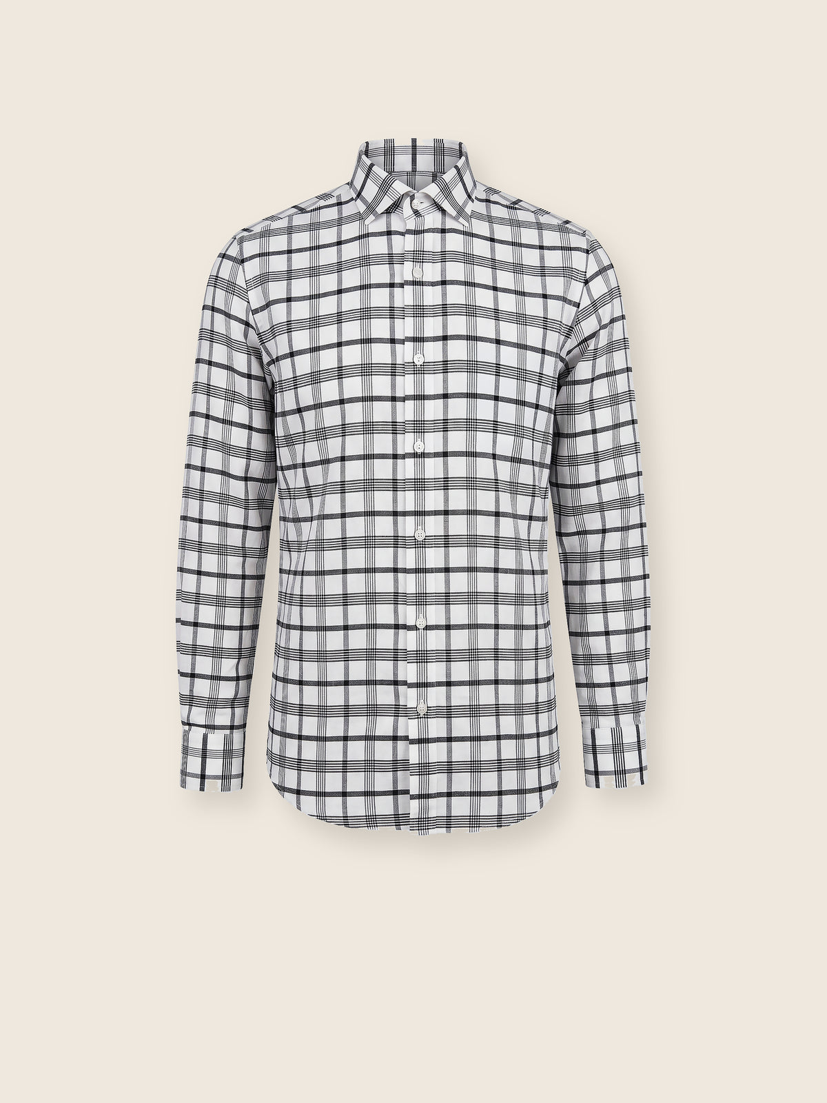 Beyaz Siyah Pamuk İnce Ekose Uzun Kollu Slim Fit Erkek Gömlek