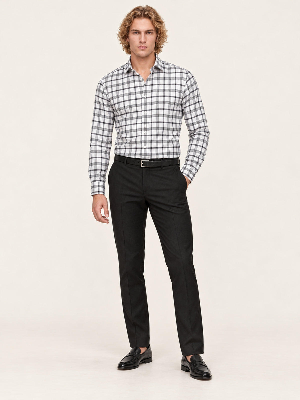 Beyaz Siyah Pamuk İnce Ekose Uzun Kollu Slim Fit Erkek Gömlek