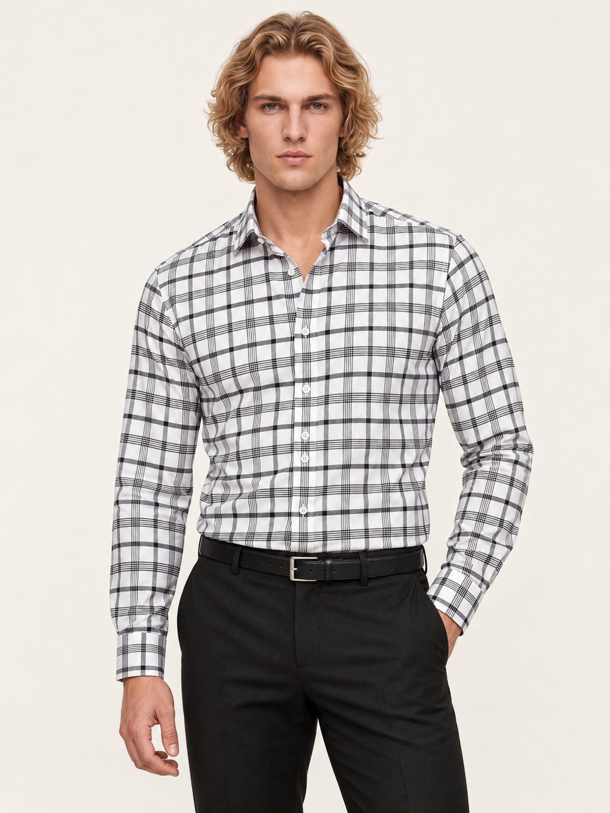 Beyaz Siyah Pamuk İnce Ekose Uzun Kollu Slim Fit Erkek Gömlek