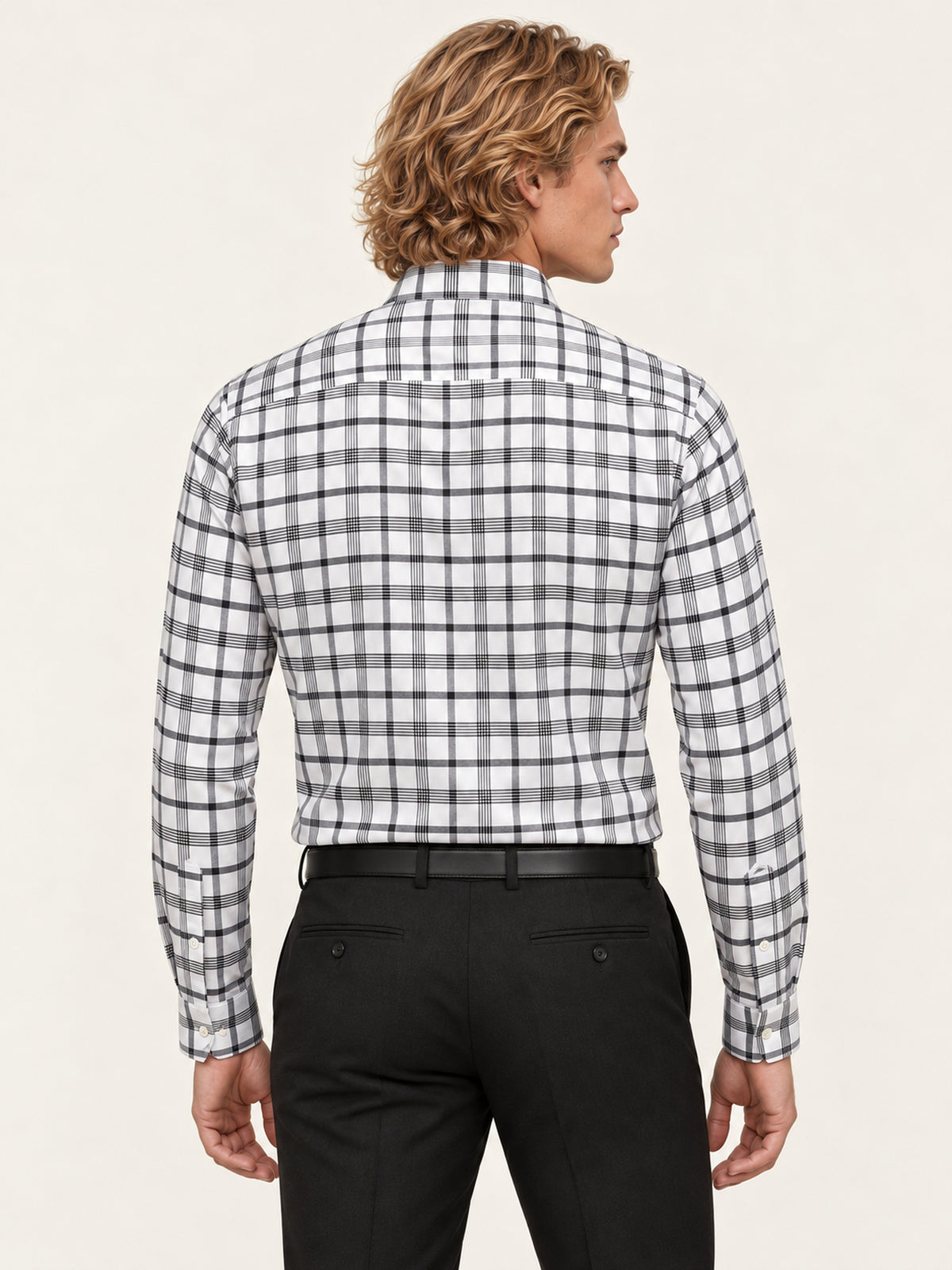 Beyaz Siyah Pamuk İnce Ekose Uzun Kollu Slim Fit Erkek Gömlek