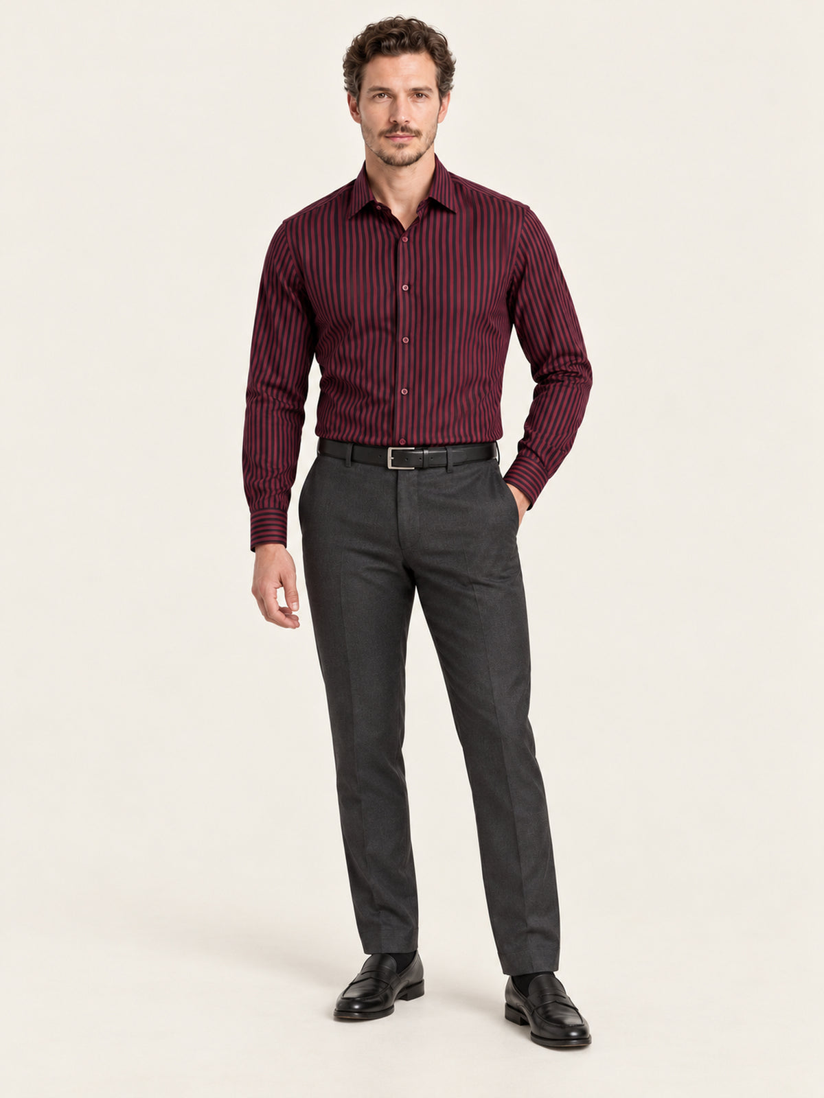 Bordo Siyah Dikey Çizgili Pamuk Uzun Kollu Slim Fit Erkek Gömlek