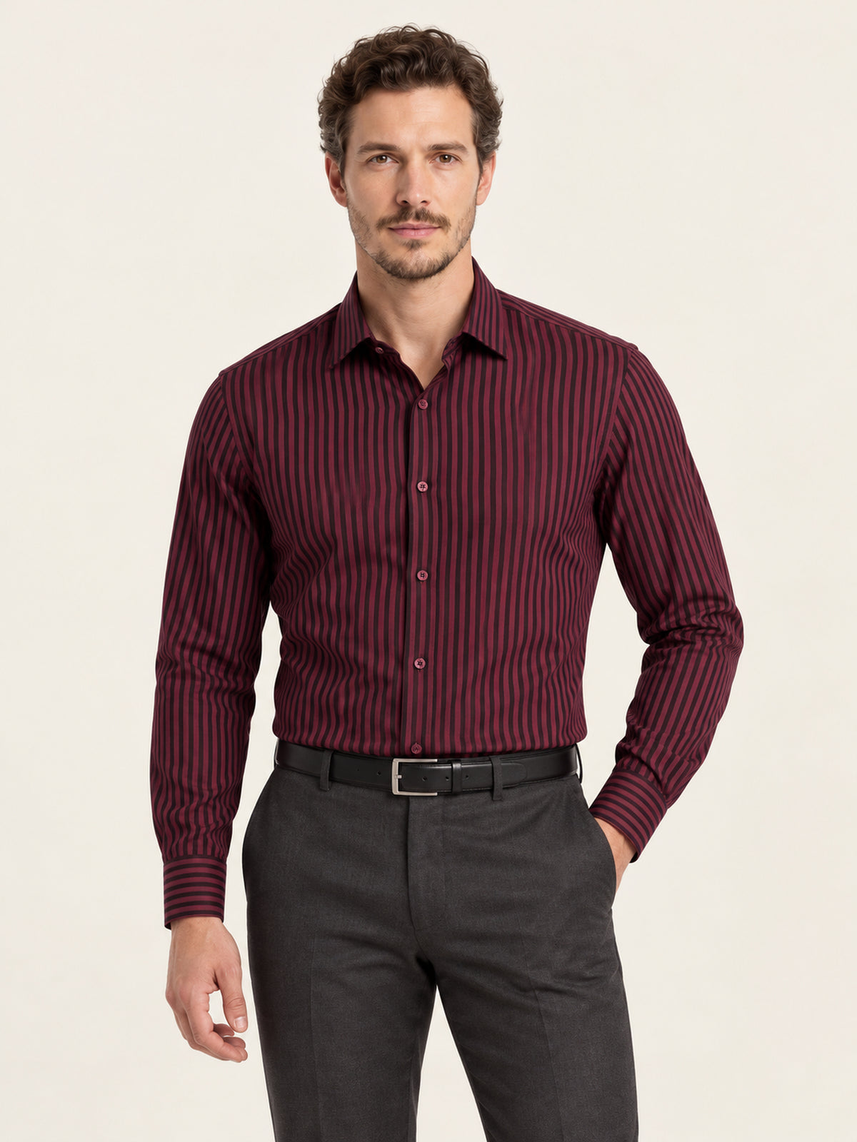 Bordo Siyah Dikey Çizgili Pamuk Uzun Kollu Slim Fit Erkek Gömlek