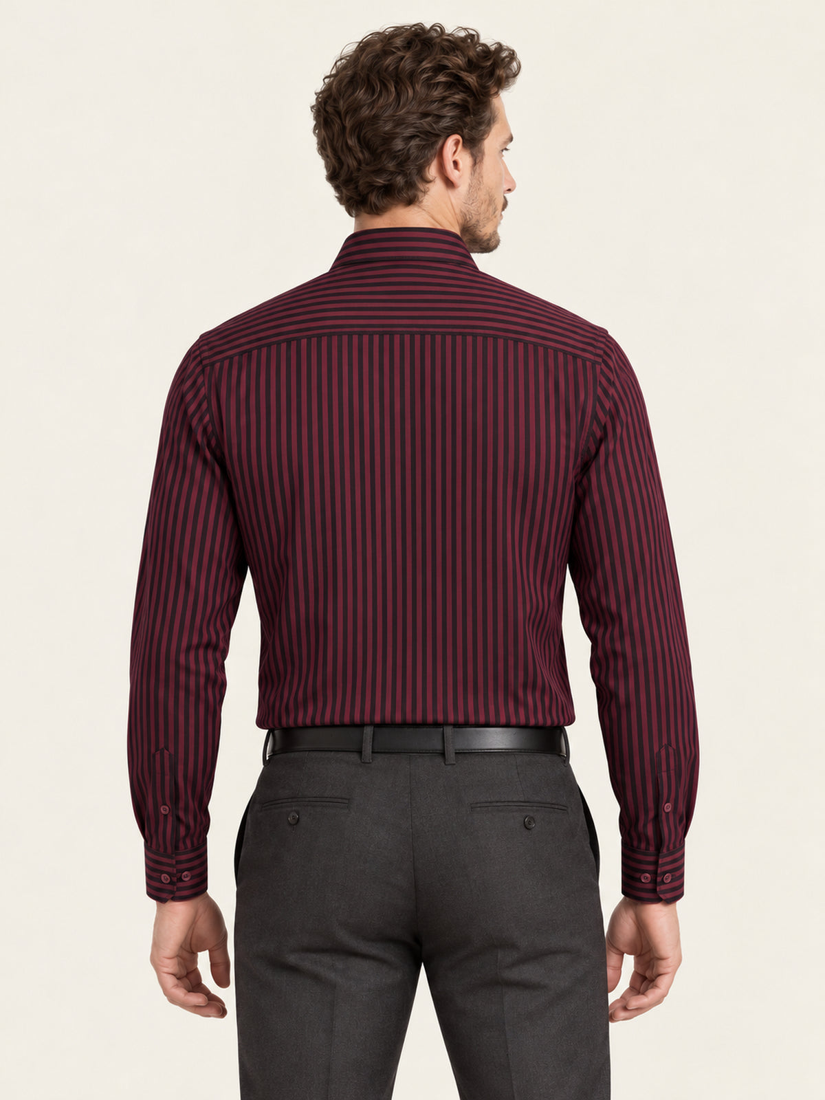 Bordo Siyah Dikey Çizgili Pamuk Uzun Kollu Slim Fit Erkek Gömlek