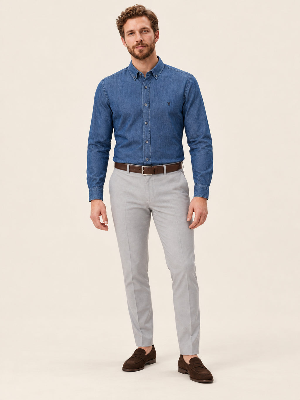 Long Sleeve Slim Fit Cotton Button-Down Collar Indigo Denim Men's Shirt