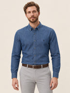 Long Sleeve Slim Fit Cotton Button-Down Collar Indigo Denim Men's Shirt