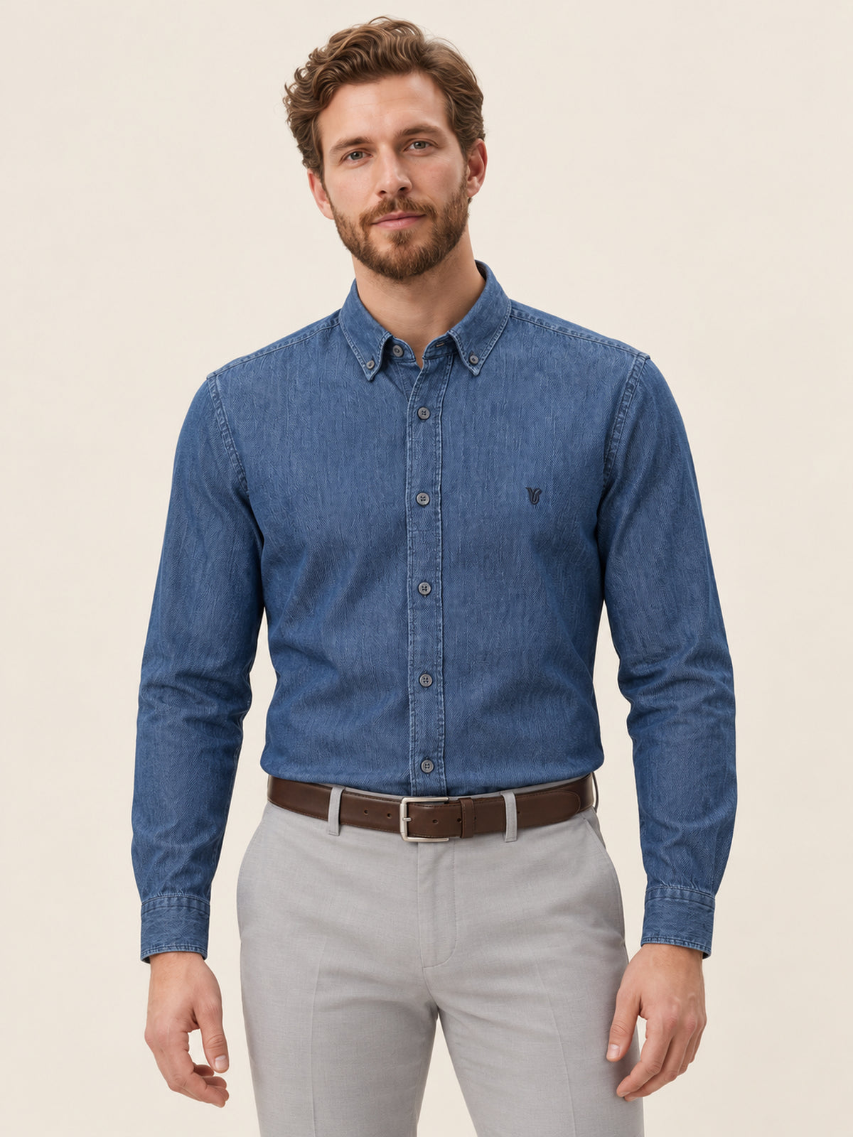 İndigo Denim Slim Fit Erkek Gömlek – Düğmeli Yaka