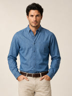 Langarm Regular Fit Baumwoll-Herrenhemd mit Button-down-Kragen aus Indigo-Denim