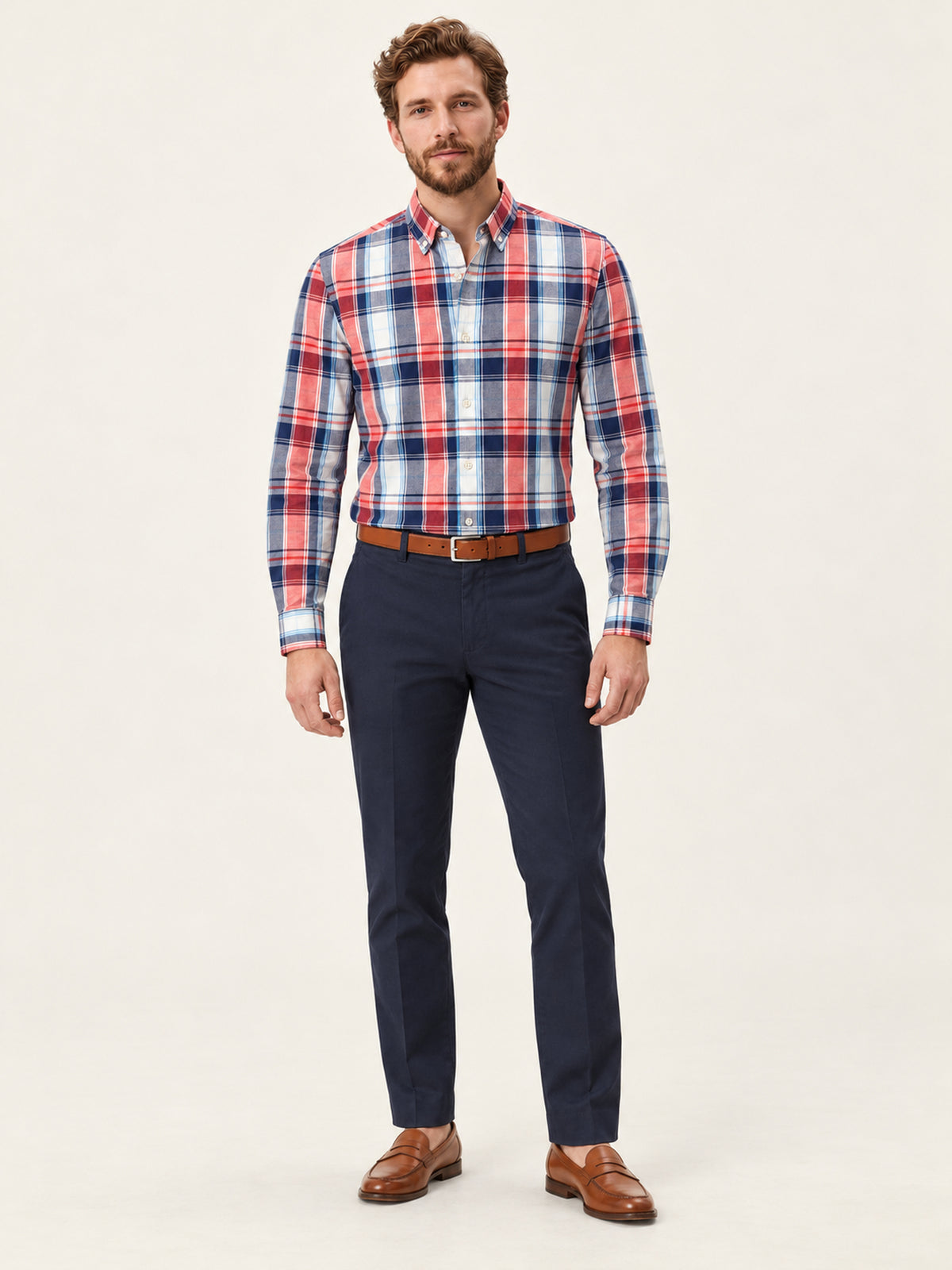 Kırmızı Lacivert Slim Fit Erkek Gömlek – Ekose Pamuk