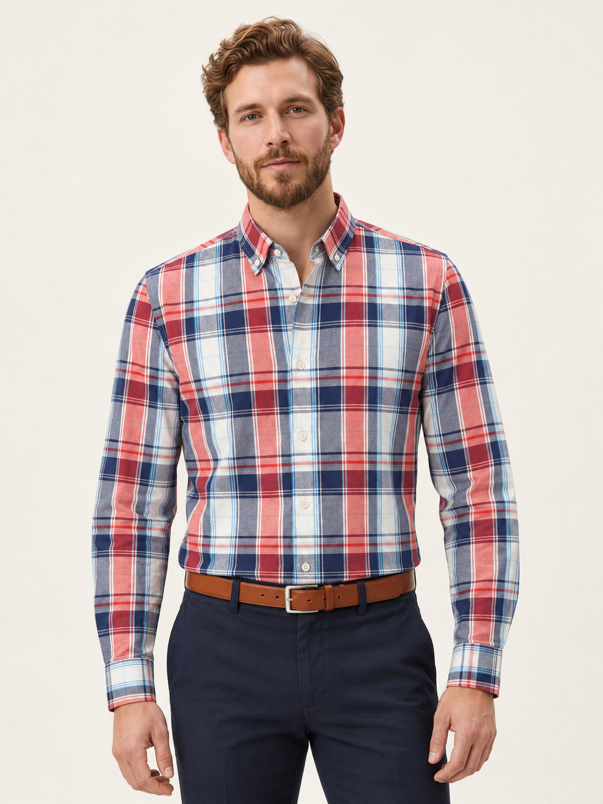 Kırmızı Lacivert Slim Fit Erkek Gömlek – Ekose Pamuk
