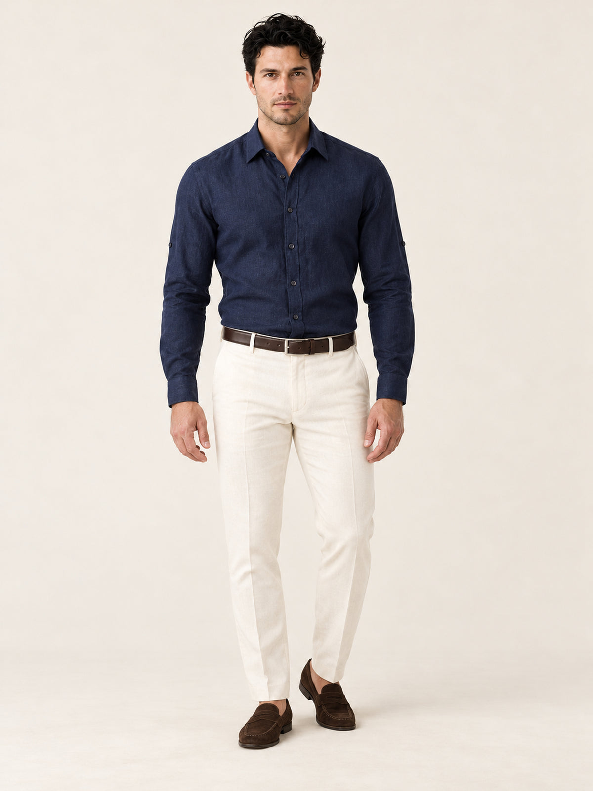 Lacivert Keten Düz Uzun Kollu Slim Fit Erkek Gömlek