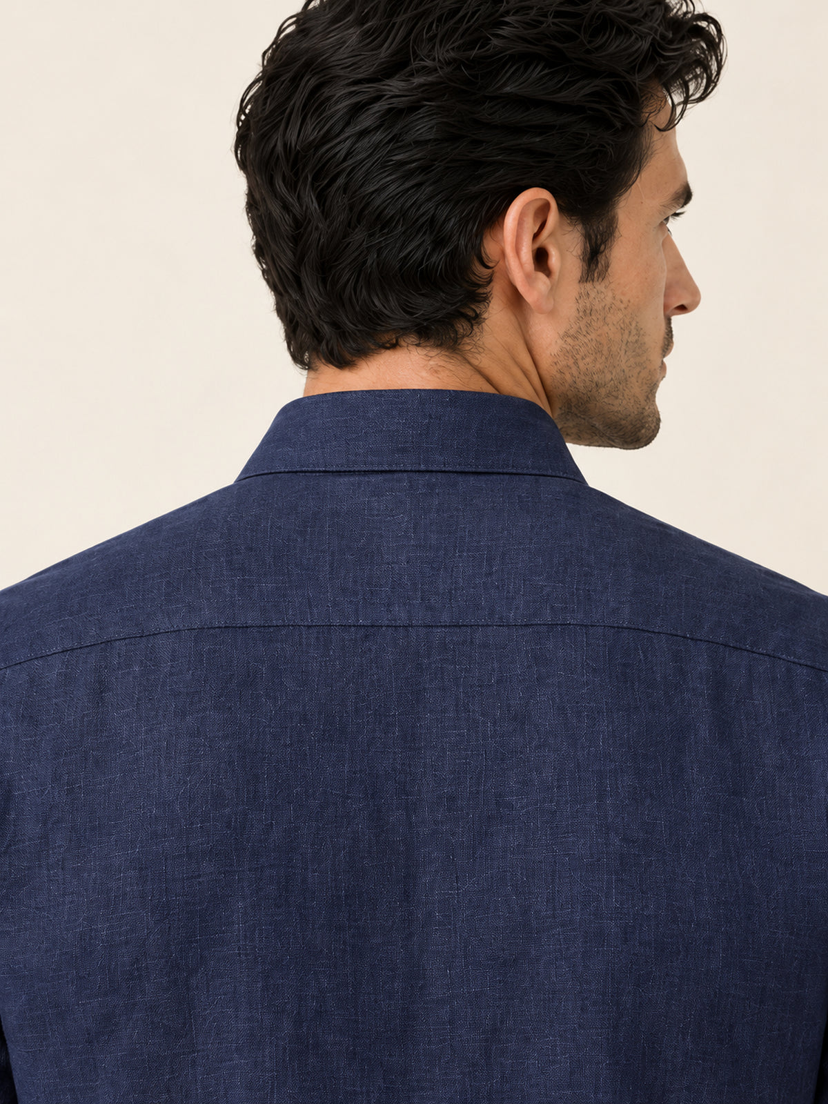 Lacivert Keten Düz Uzun Kollu Slim Fit Erkek Gömlek