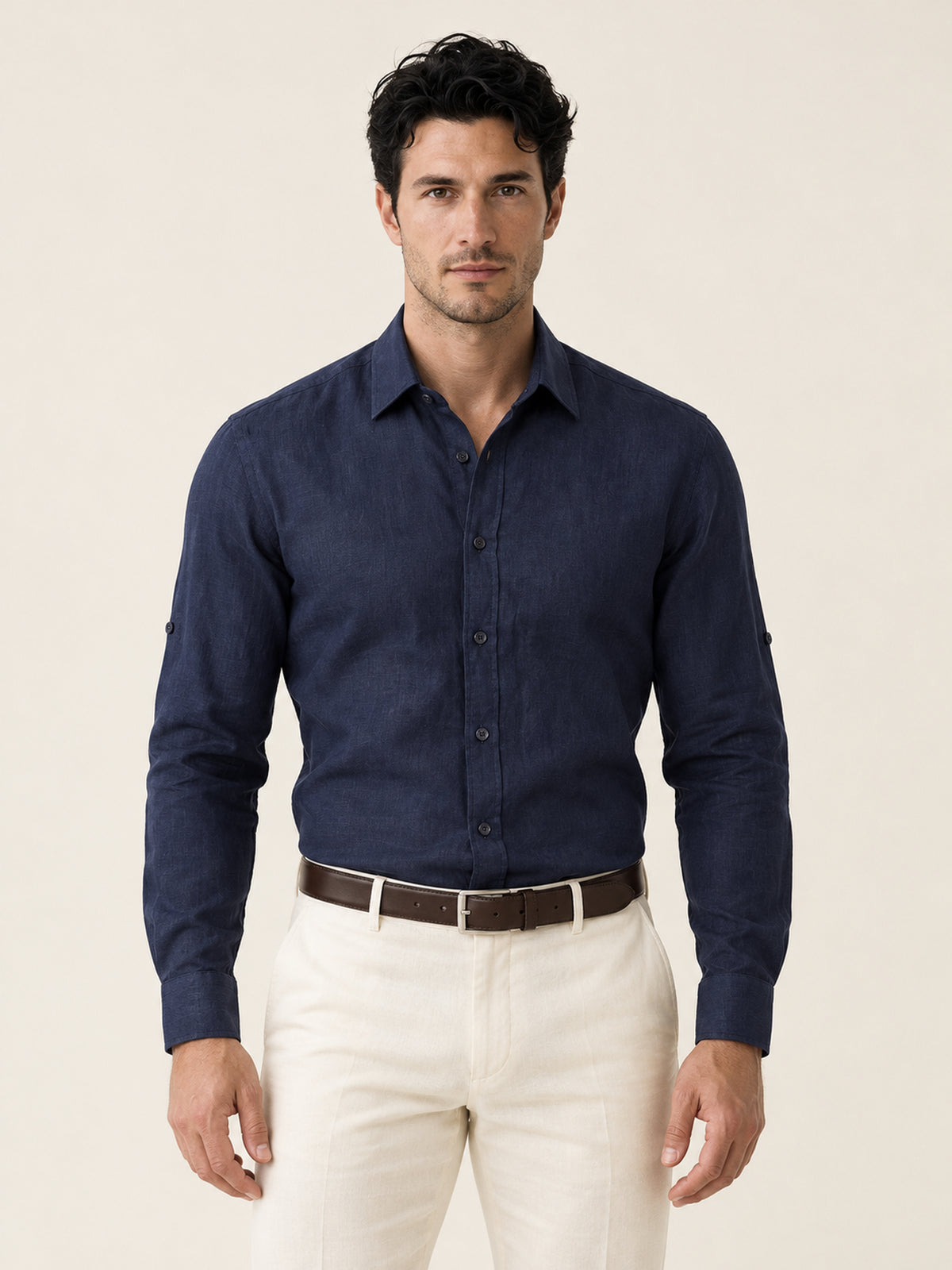 Lacivert Keten Düz Uzun Kollu Slim Fit Erkek Gömlek
