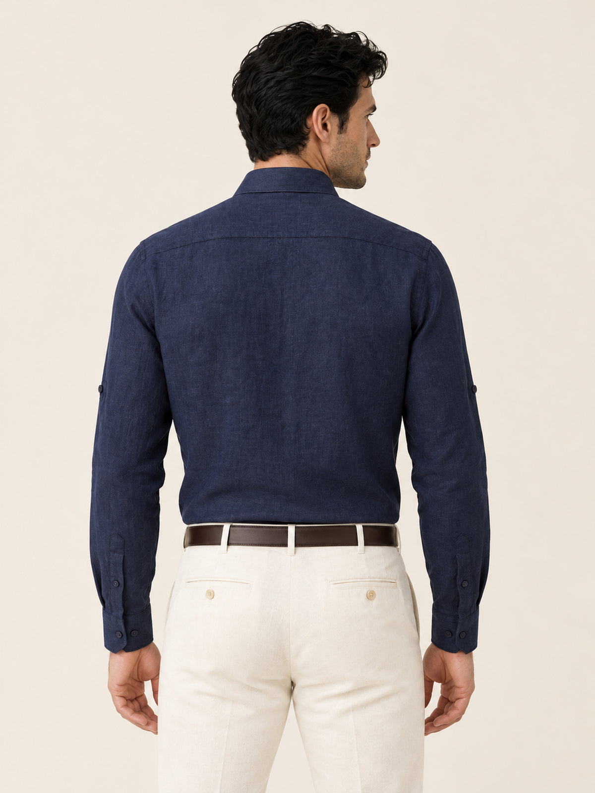 Lacivert Keten Düz Uzun Kollu Slim Fit Erkek Gömlek