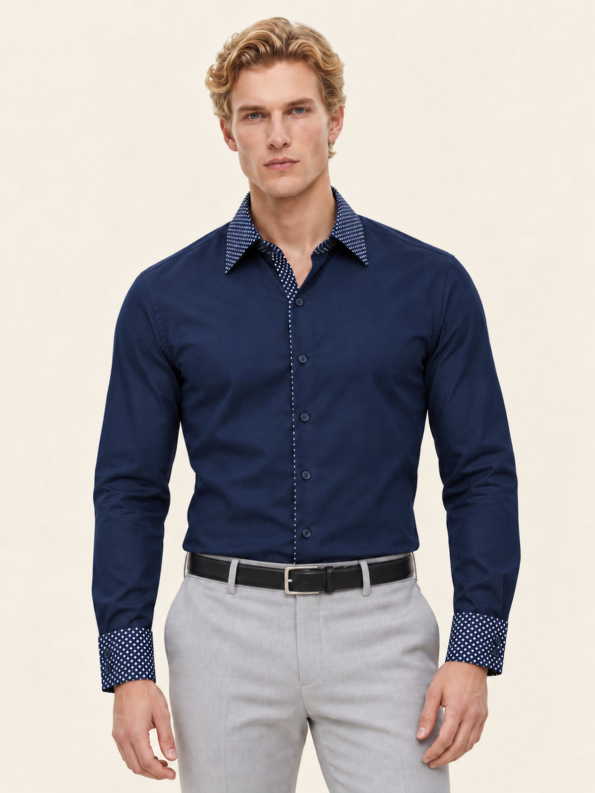 Slim Fit Erkek Gömlek – Kontrast Yaka Double Manşet
