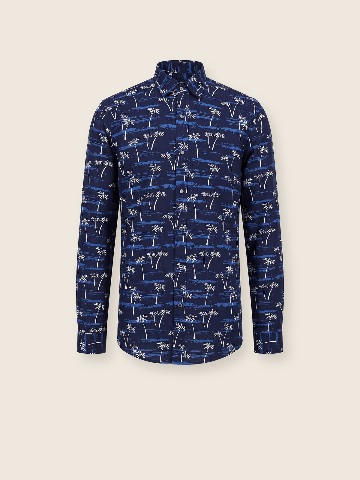 Lacivert Palmiye ve Sahil Desenli Slim Fit Erkek Gömlek
