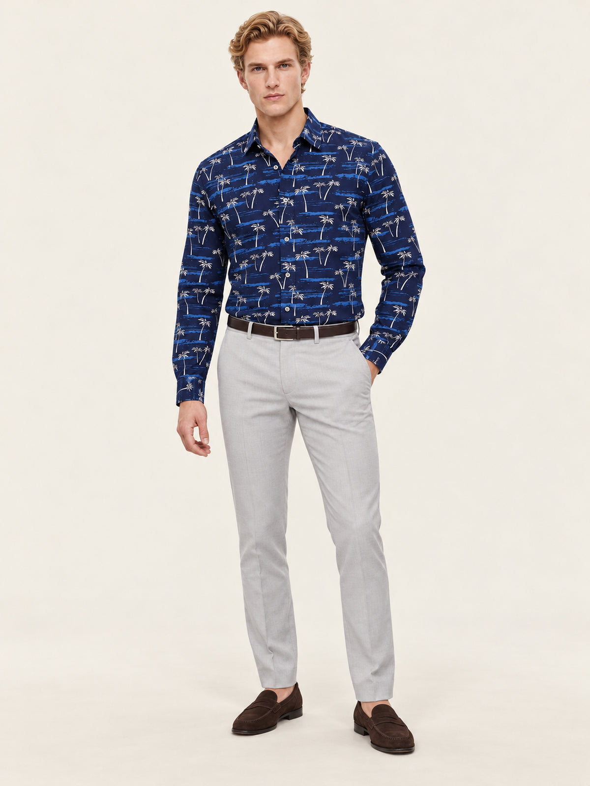 Lacivert Palmiye ve Sahil Desenli Slim Fit Erkek Gömlek