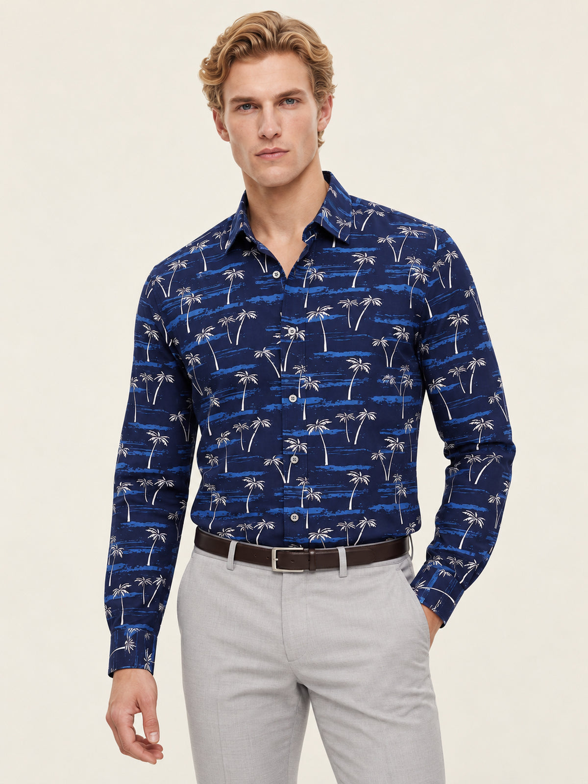 Lacivert Palmiye ve Sahil Desenli Slim Fit Erkek Gömlek