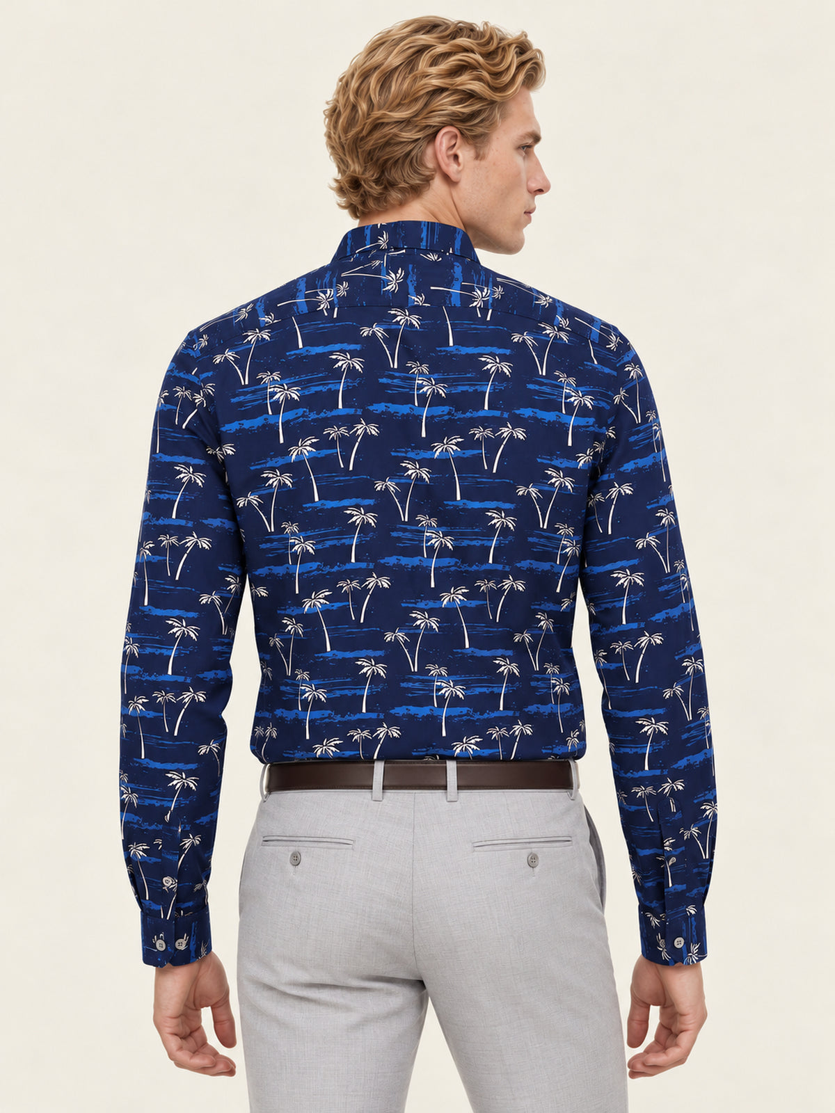 Lacivert Palmiye ve Sahil Desenli Slim Fit Erkek Gömlek