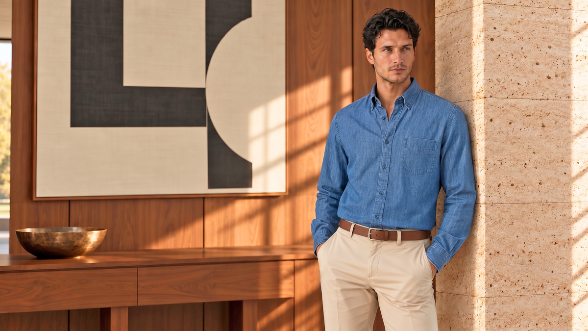 Mavi denim erkek gömlek ve bej pantolon giyen model — ERTEN sonbahar-kış koleksiyonu.