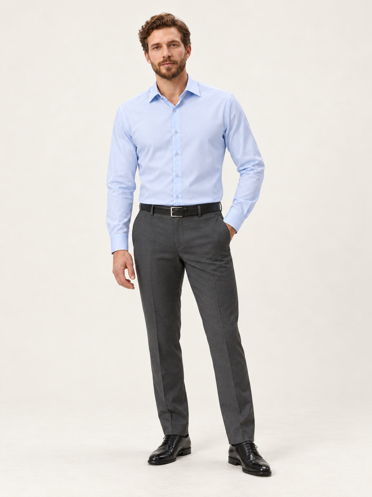 Non-Iron Açık Mavi Uzun Kollu Pamuk Slim Fıt Erkek Gömlek