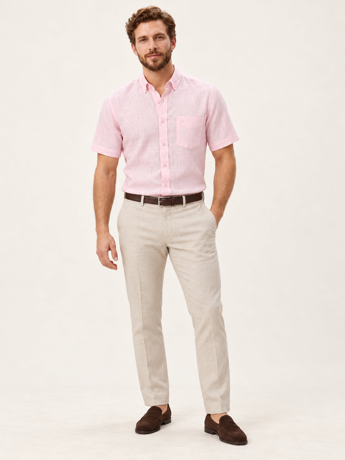 Pembe Keten Tek Cepli Kısa Kollu Regular Fit Erkek Gömlek