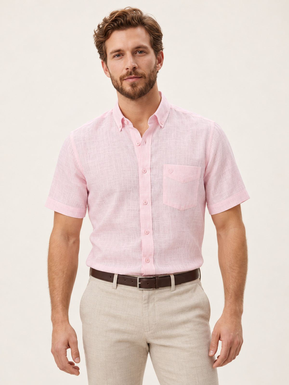 Pembe Keten Tek Cepli Kısa Kollu Regular Fit Erkek Gömlek