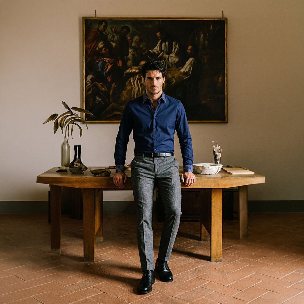 Мужская рубашка с длинным рукавом, облегающего кроя, из хлопка, с контрастным высоким воротником и двойными манжетами