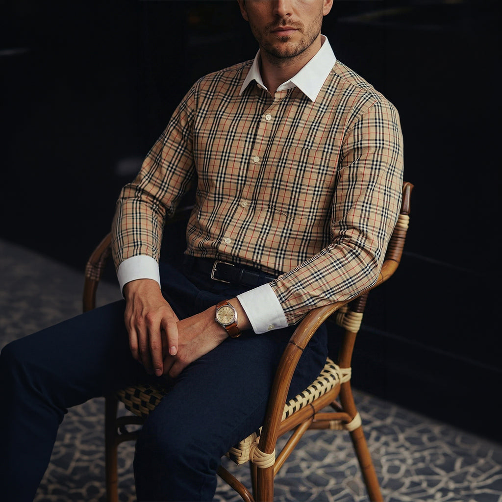 Long Sleeve Slim Fit 100% Cotton Plaid Shirt with Contrast Collar & Cuffs