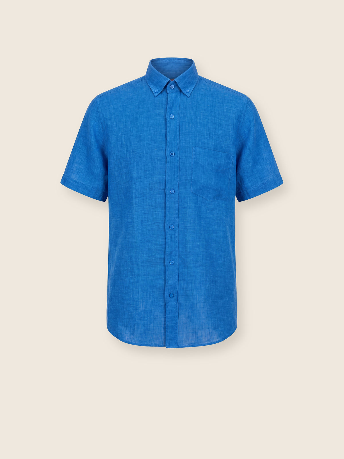 Saks Mavi Keten Düz Kısa Kollu Regular Fit Erkek Gömlek