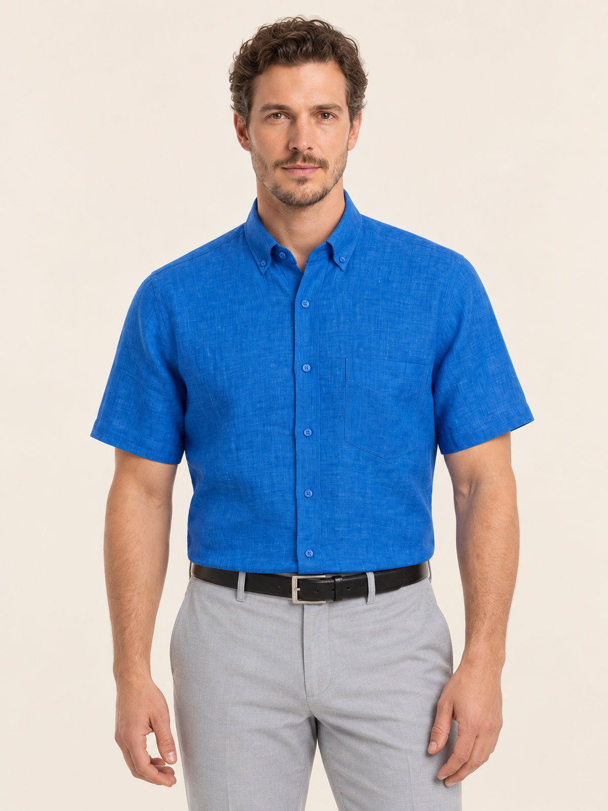 Saks Mavi Keten Düz Kısa Kollu Regular Fit Erkek Gömlek