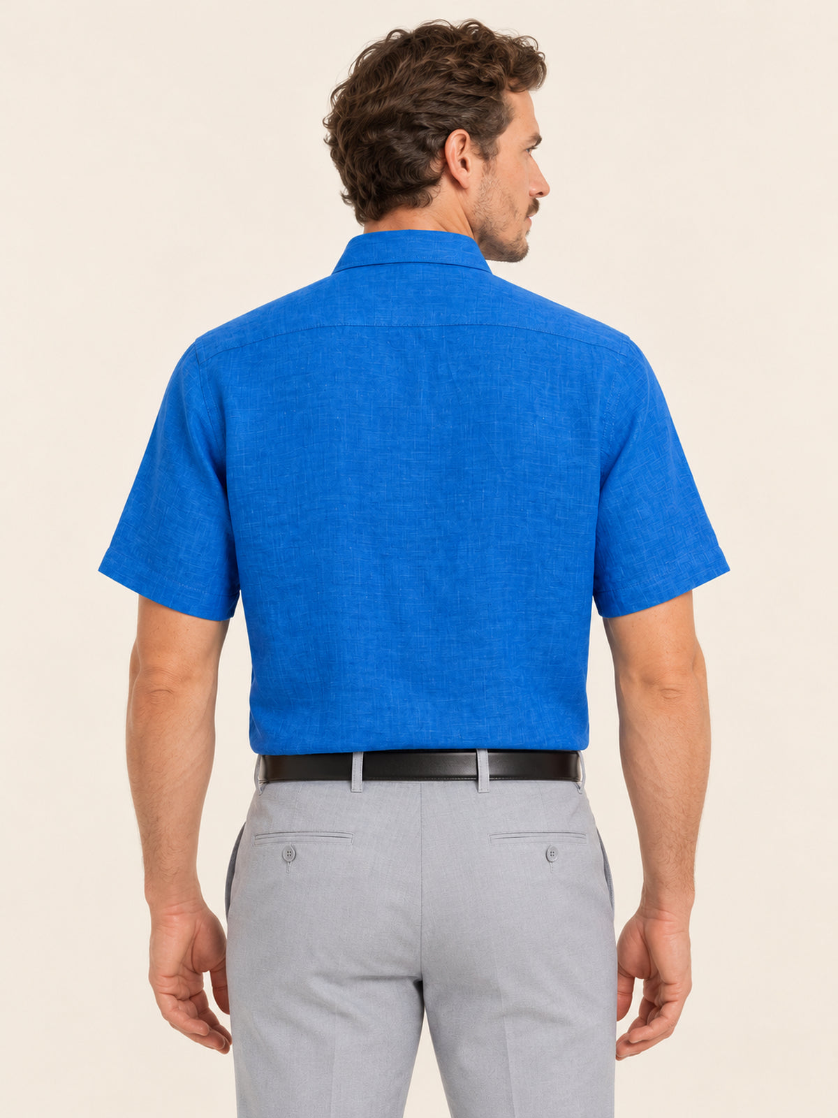 Saks Mavi Keten Düz Kısa Kollu Regular Fit Erkek Gömlek