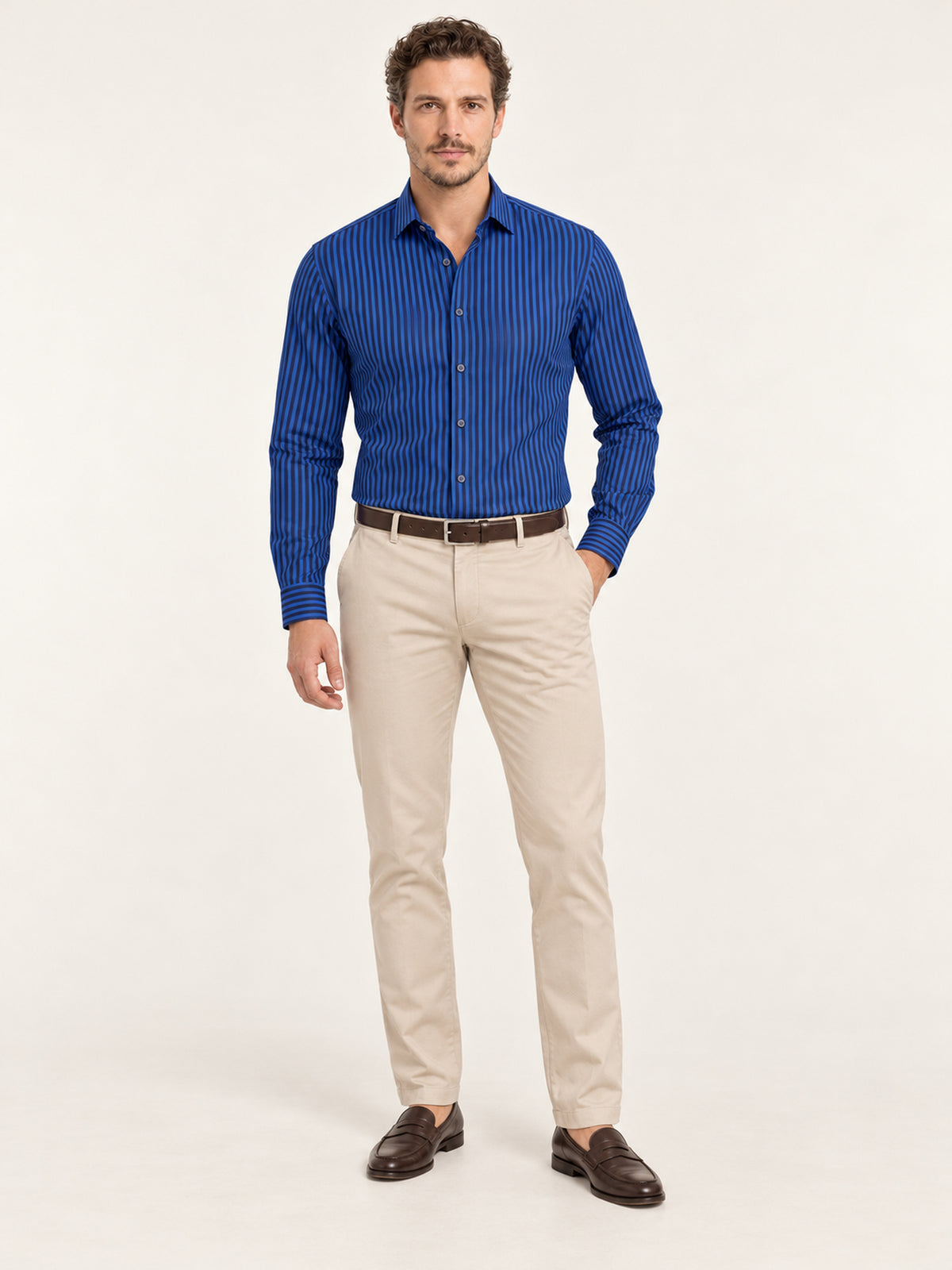 Saks Mavi Lacivert Dikey Çizgili Pamuk Uzun Kollu Slim Fit Erkek Gömlek