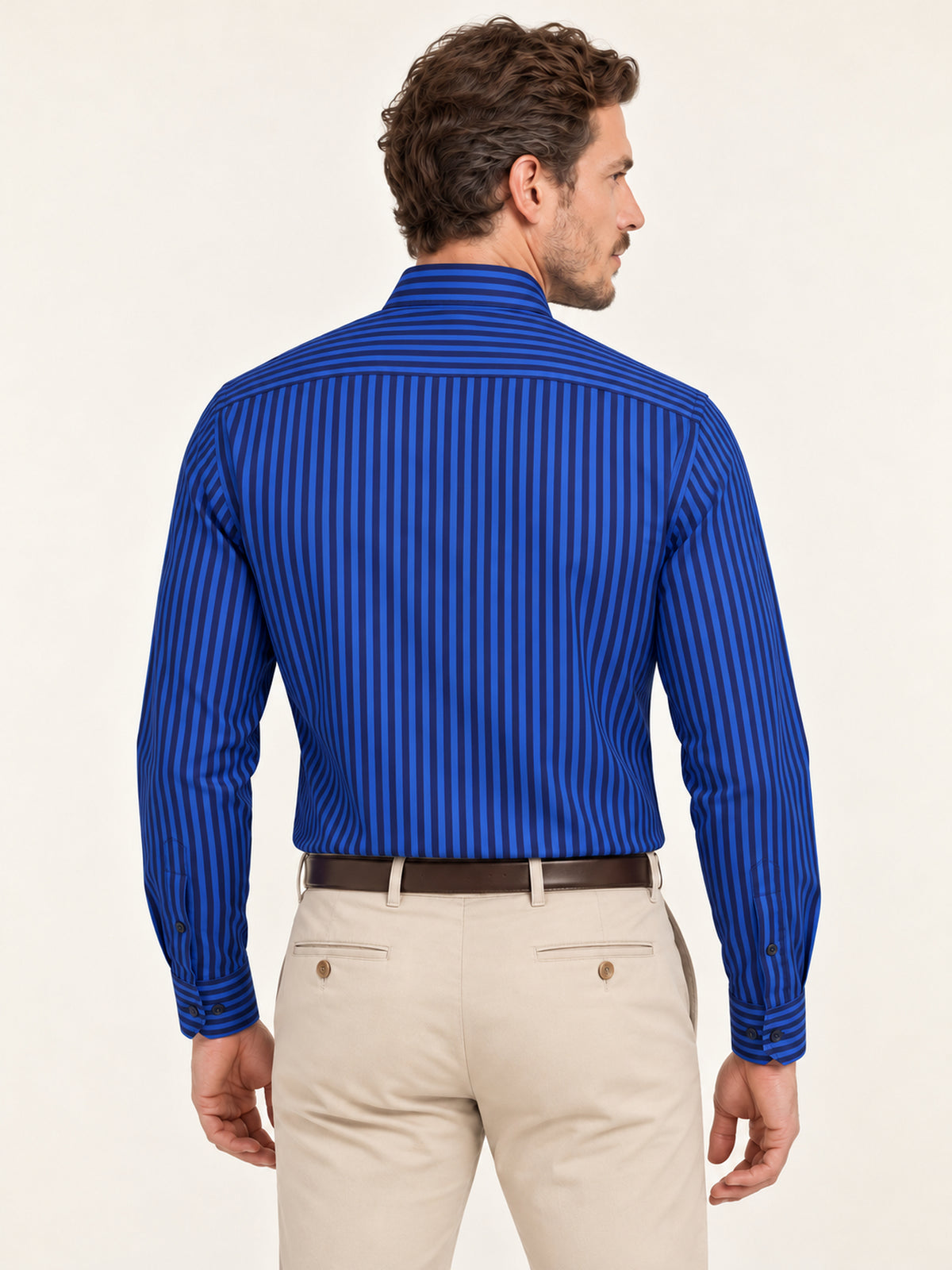 Saks Mavi Lacivert Dikey Çizgili Pamuk Uzun Kollu Slim Fit Erkek Gömlek