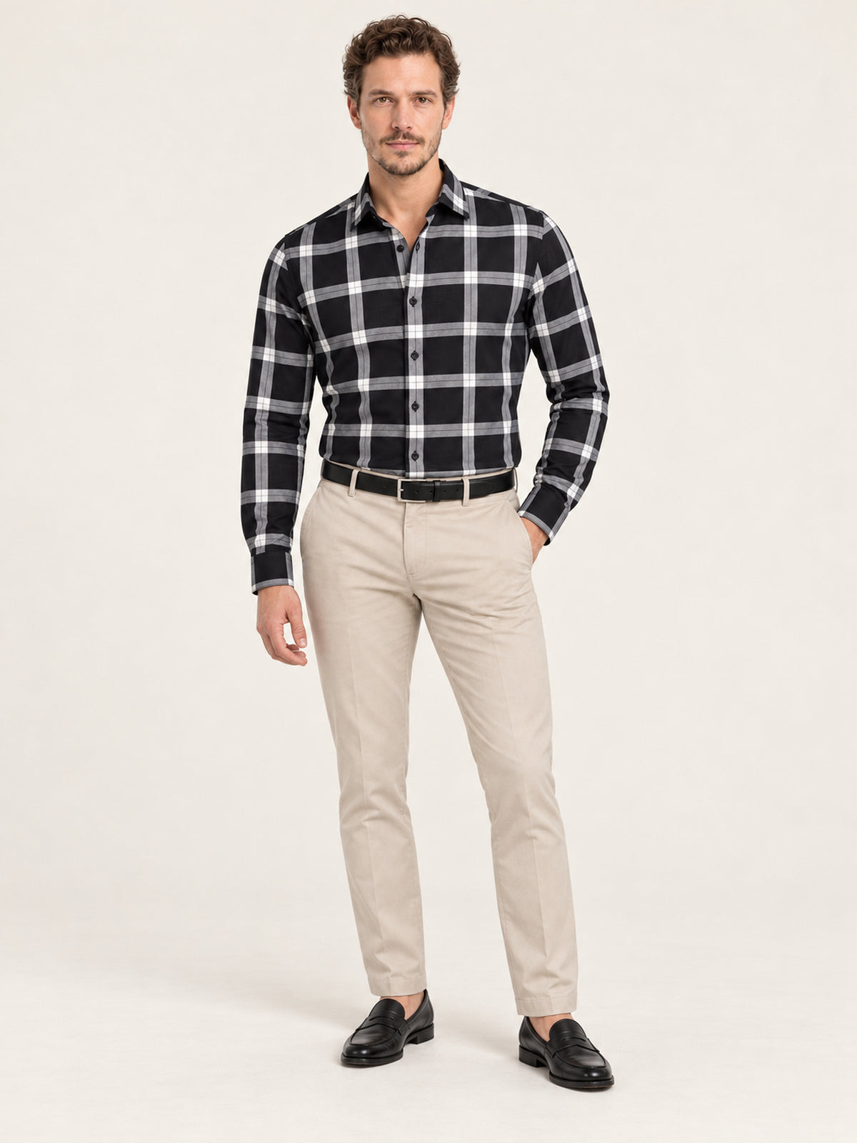 Siyah Beyaz Büyük Ekose Pamuk Uzun Kollu Slim Fit Erkek Gömlek