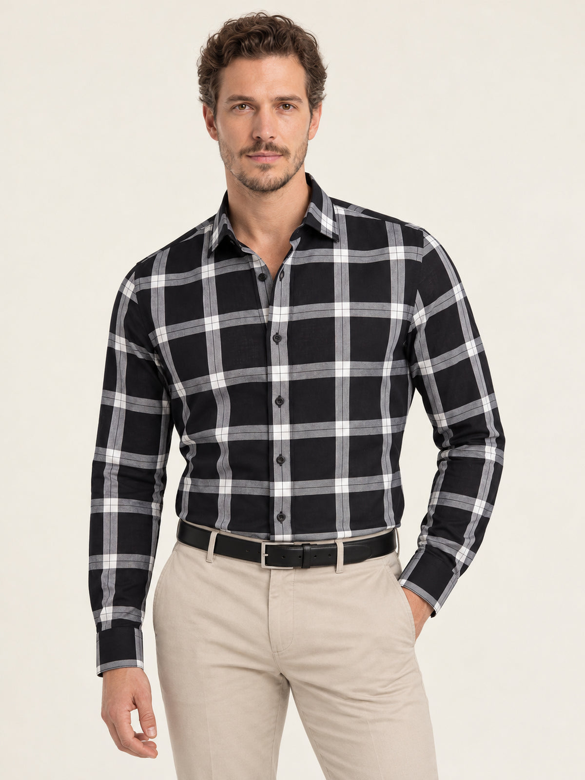 Siyah Beyaz Büyük Ekose Pamuk Uzun Kollu Slim Fit Erkek Gömlek