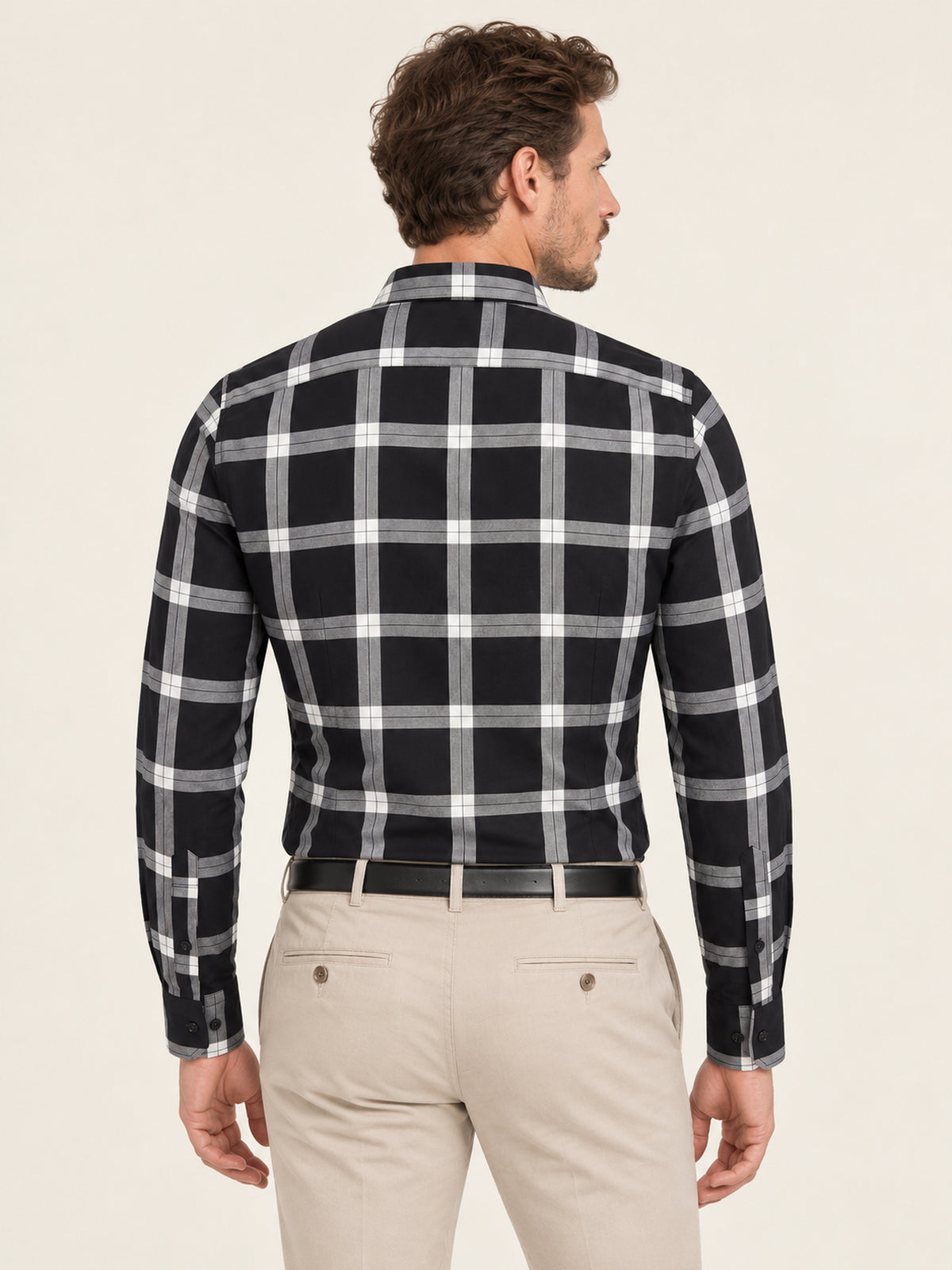 Siyah Beyaz Büyük Ekose Pamuk Uzun Kollu Slim Fit Erkek Gömlek