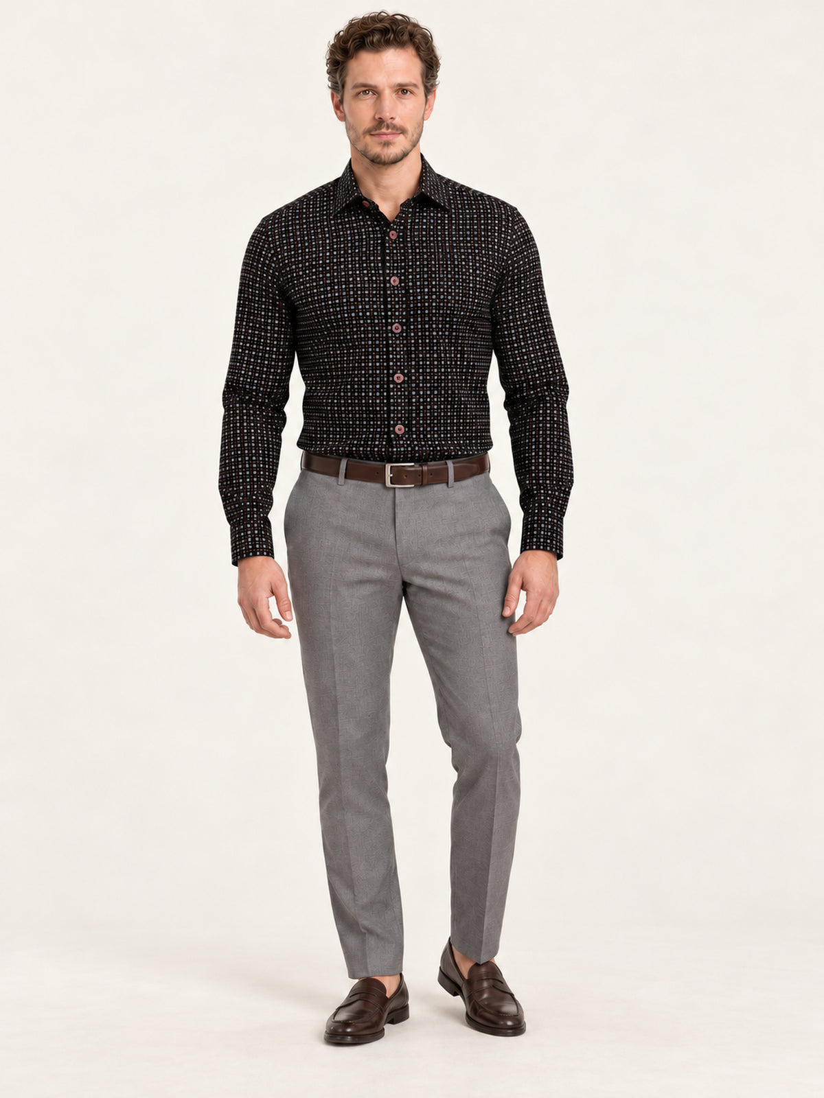 Siyah Uzun Kol Slim Fit Desenli Pamuk Erkek Gömlek