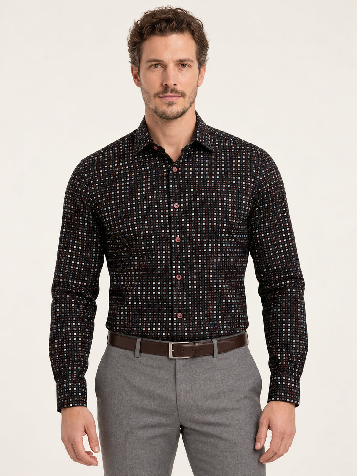 Siyah Uzun Kol Slim Fit Desenli Pamuk Erkek Gömlek