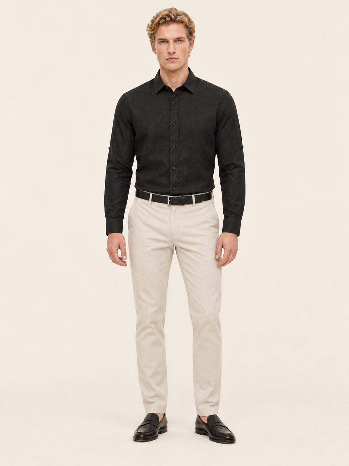 Siyah Keten Uzun Kollu Slim Fit Erkek Gömlek