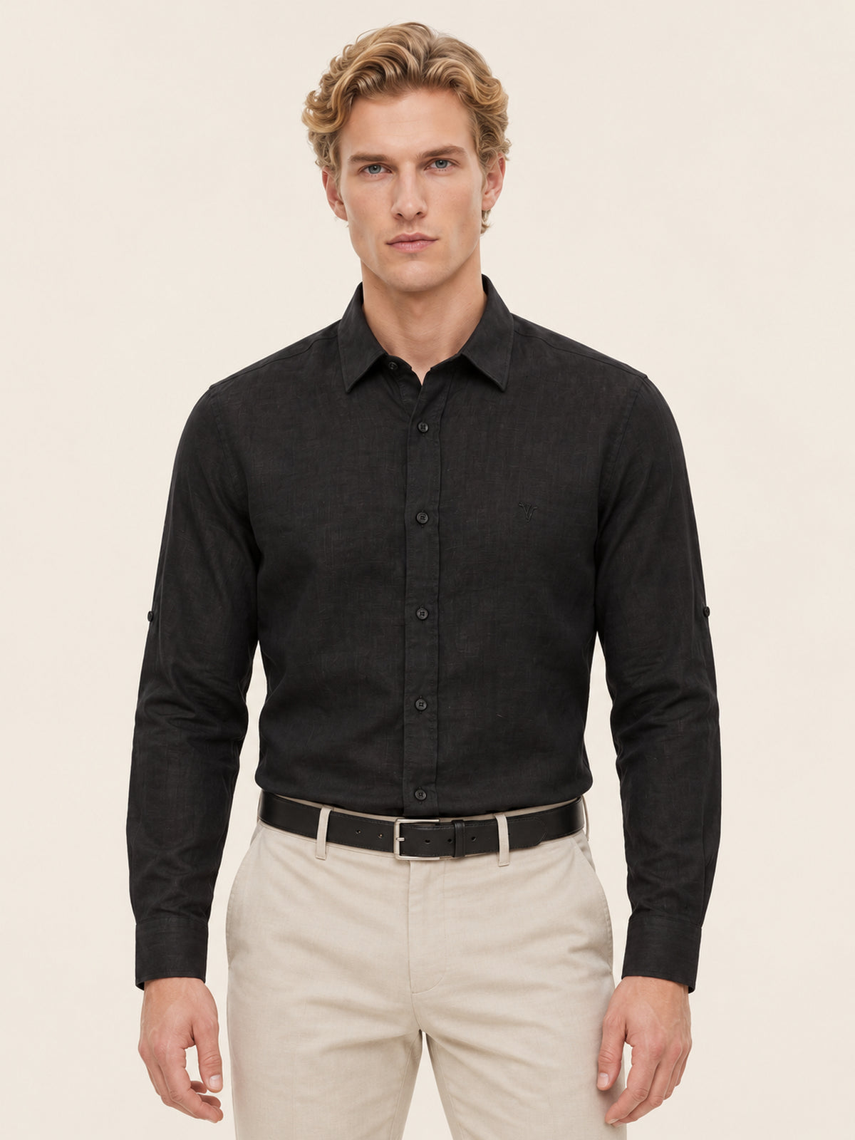 Siyah Keten Uzun Kollu Slim Fit Erkek Gömlek