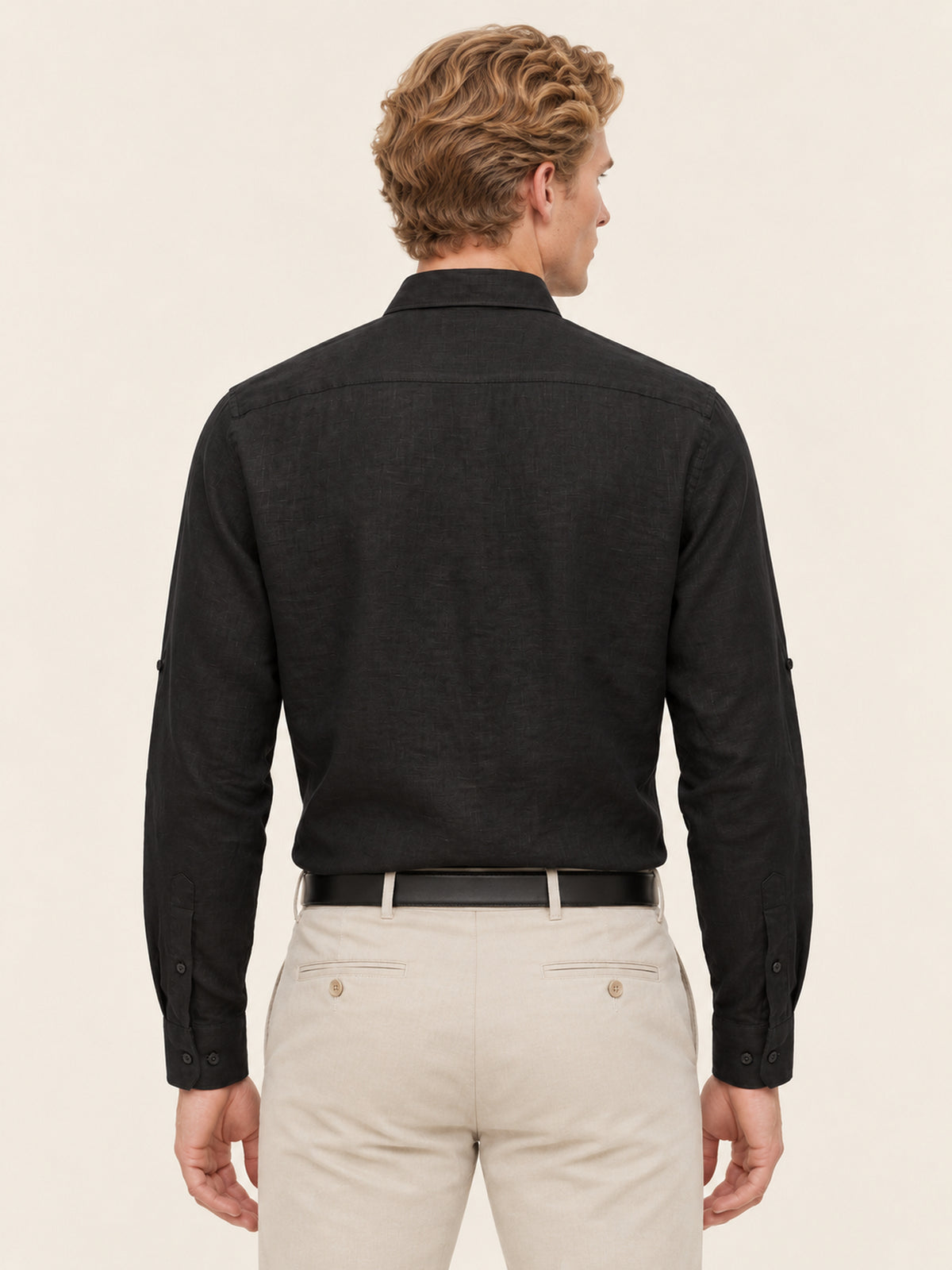 Siyah Keten Uzun Kollu Slim Fit Erkek Gömlek
