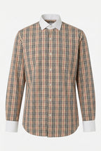 Uzun Kol Slim Fit Pamuk Kontrast Yaka Ve Manşet Ekose Gömlek