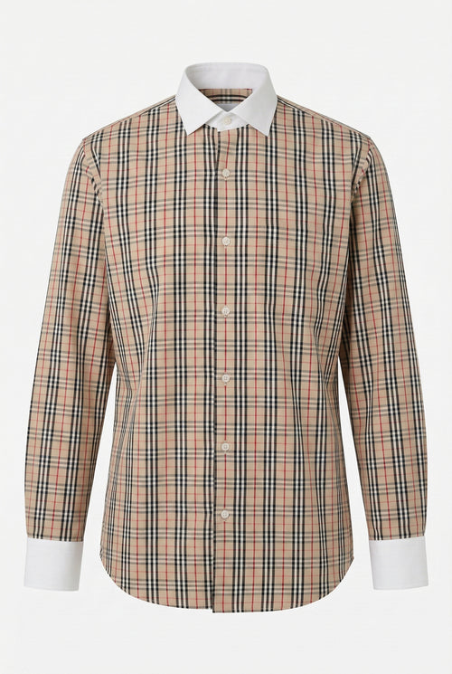 Uzun Kol Slim Fit Pamuk Kontrast Yaka Ve Manşet Ekose Gömlek