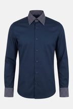 lacivert-yuksek-yaka-erkek-gomlek, double-manset-slim-fit-gomlek