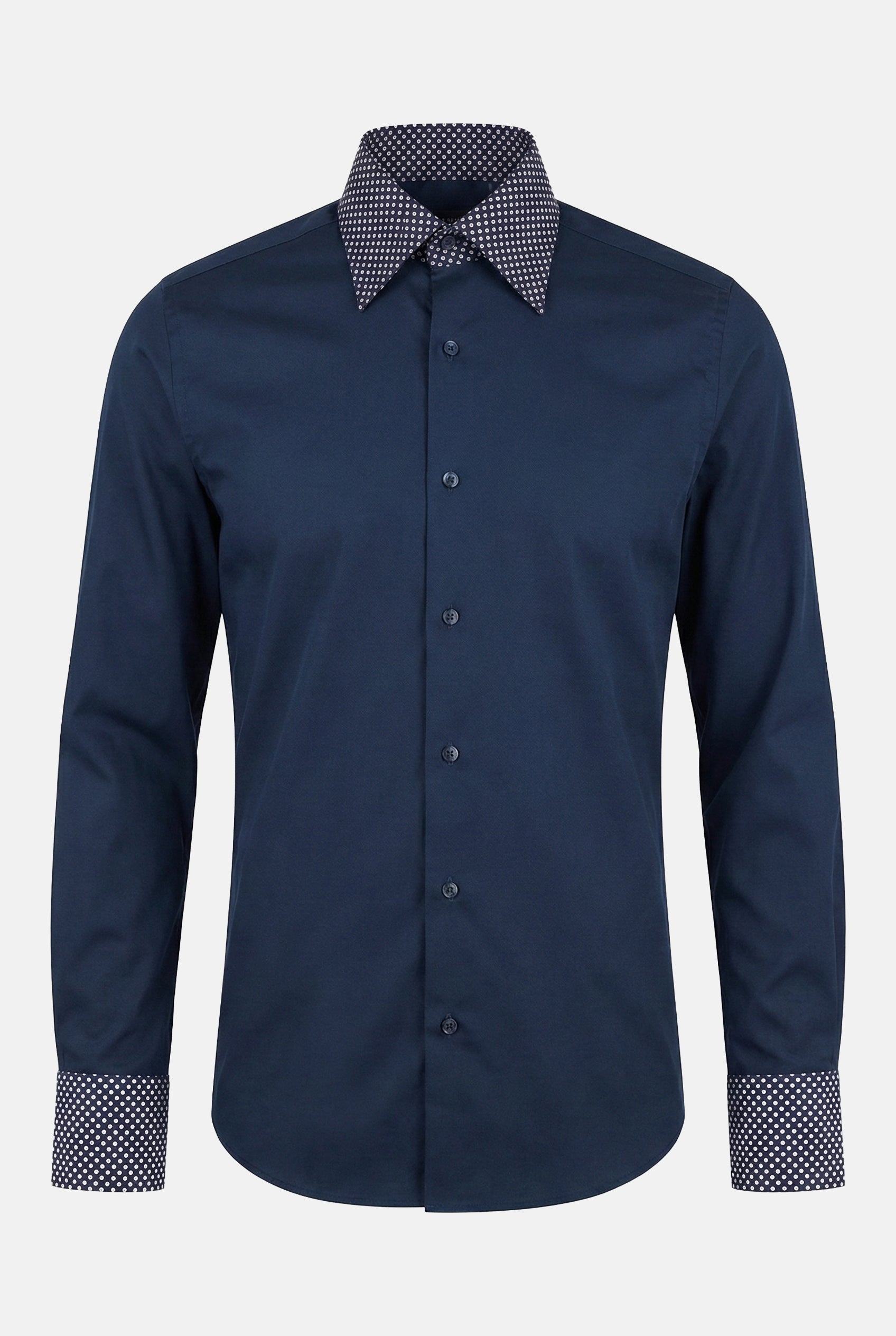 lacivert-yuksek-yaka-erkek-gomlek, double-manset-slim-fit-gomlek